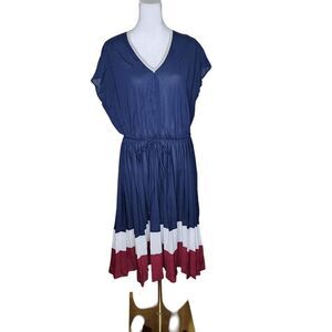 Vintage 60s Cap Sleeve Color Block Pleated Blouson Dress Womens Size XL Blue Mod